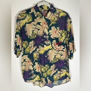 Vintage 80s UNIFORM blue yellow Hawaiian retro tropical shirt M embroidered logo